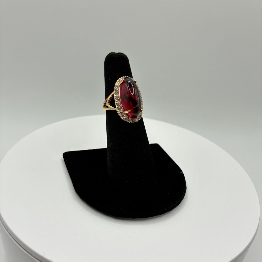 Women's Ring Size 5 Red Oval Cabochon Gold Tone Cocktail Halo Statement